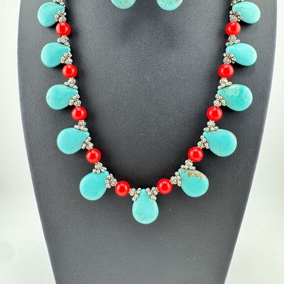 Turquoise & Red Coral Beaded Necklace Set Teardrop Toggle Earrings Southwestern - Picture 14 of 16